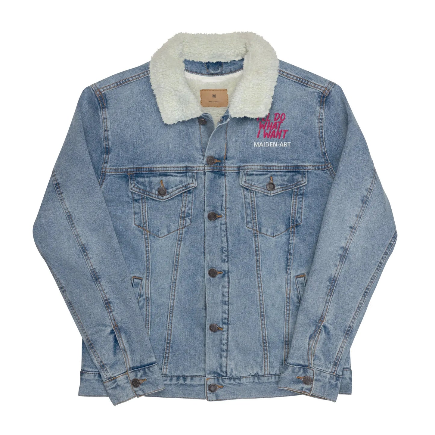 Denim jacket with white sherpa lining on a white background