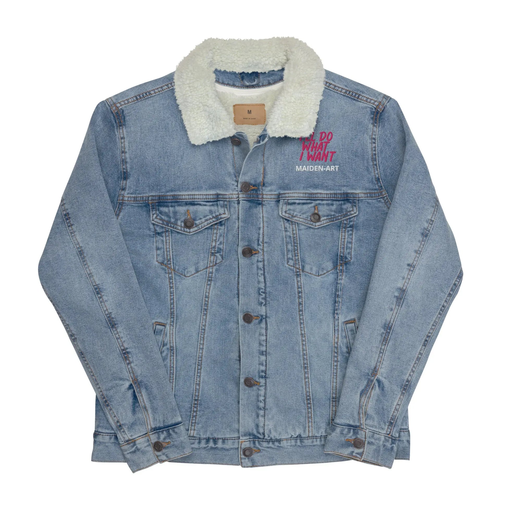 Denim jacket with white sherpa lining on a white background