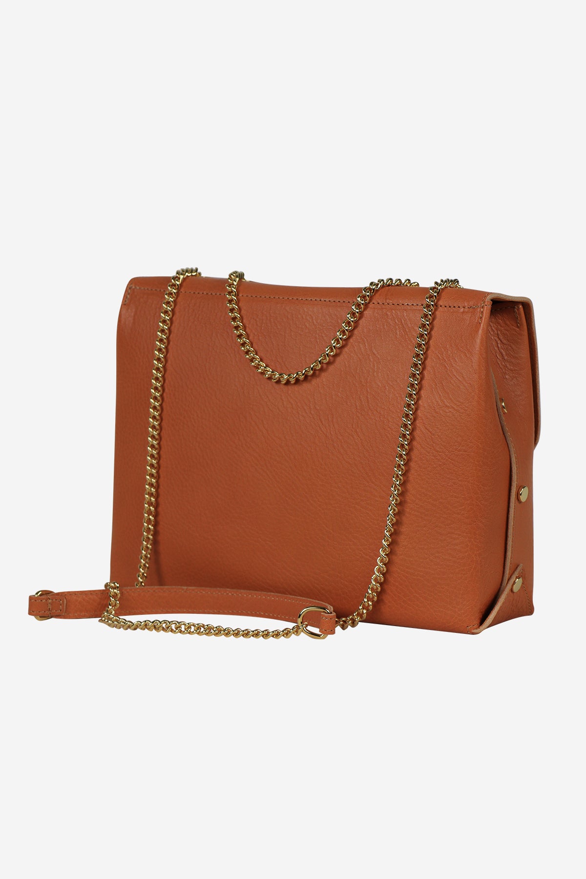 Brown handbag with gold chain strap on a white background