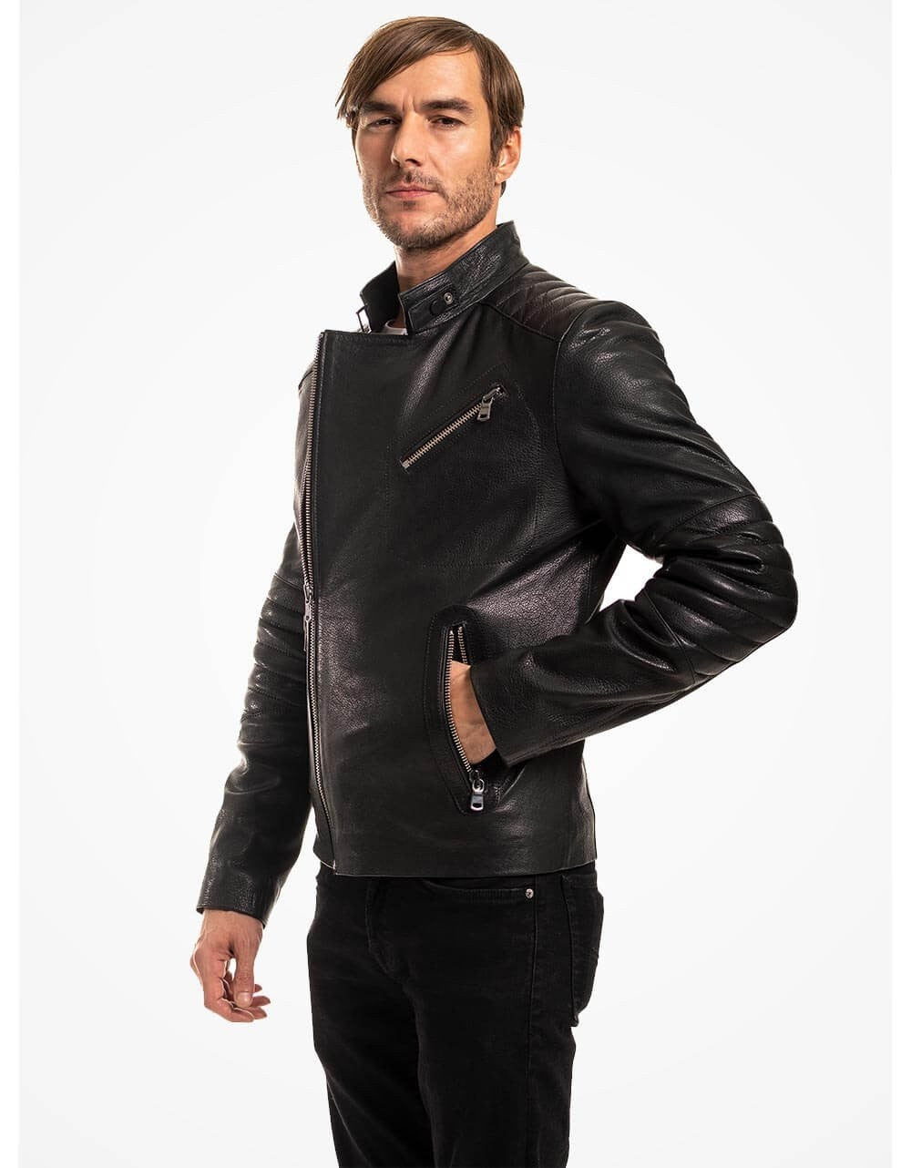 Man wearing a black leather jacket on a white background