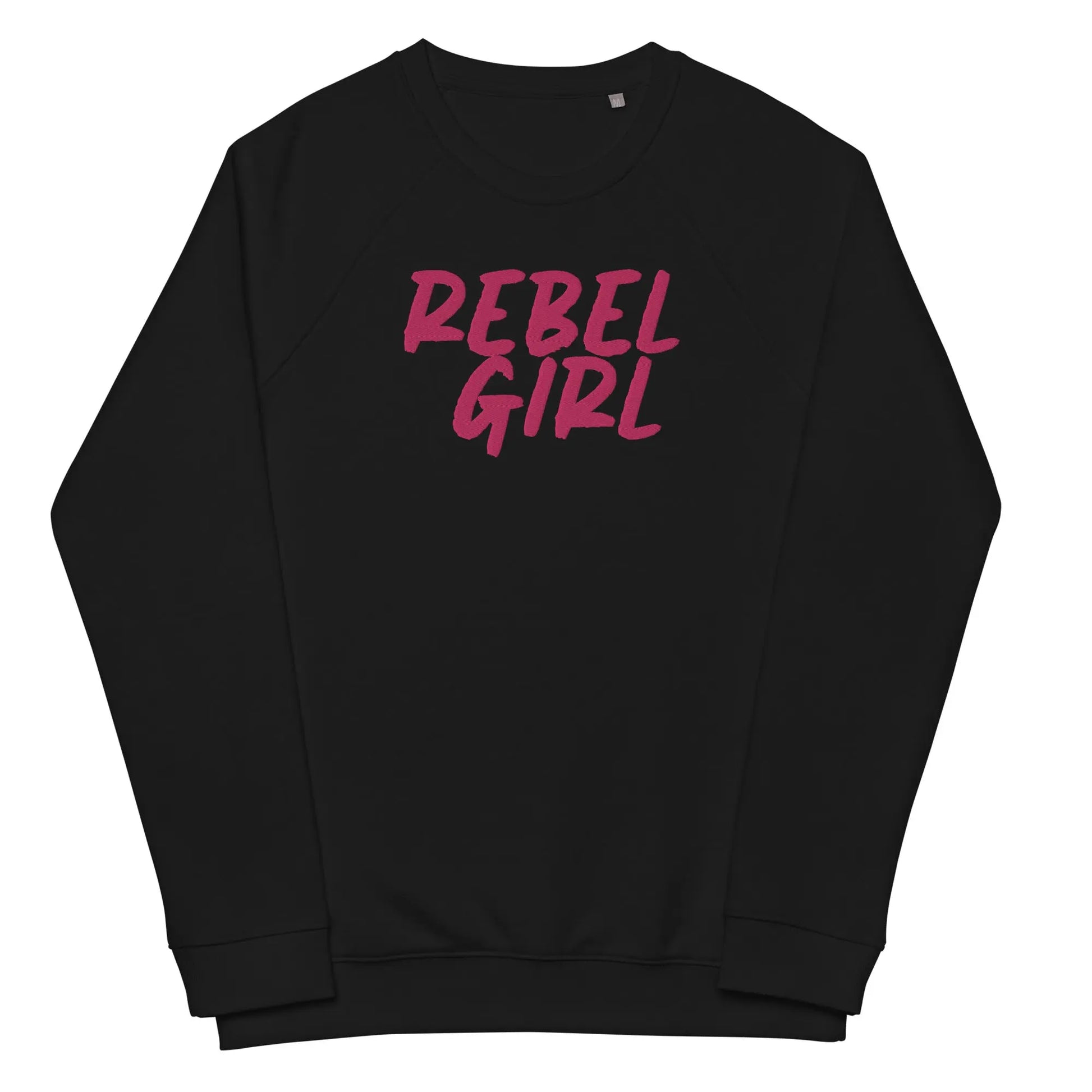 Black sweatshirt with 'REBEL GIRL' in pink text on a white background