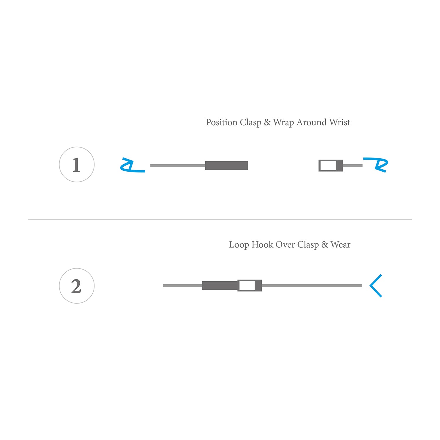 Step-by-step guide on how to wear a bracelet with illustrations and text instructions.