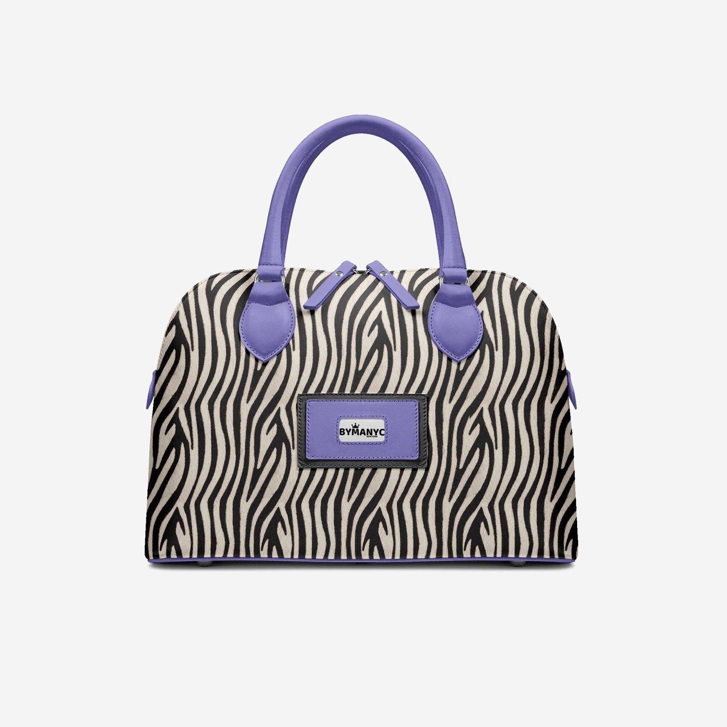 Handbag with zebra pattern and purple handles on a light gray background