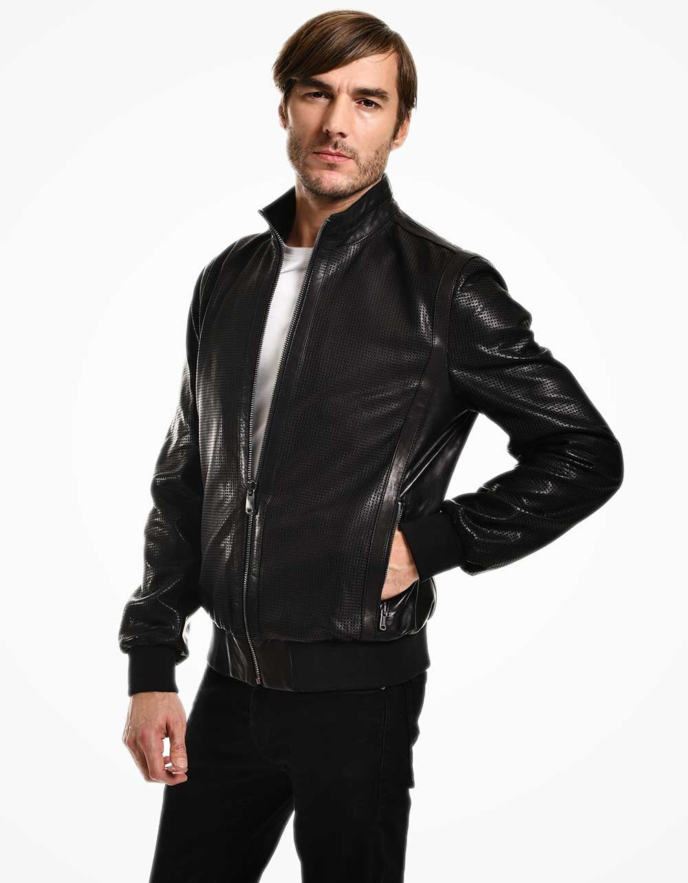 Man wearing a black leather jacket on a white background
