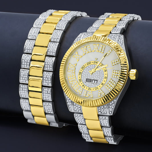 Luxury watch with gold and silver band on a dark background