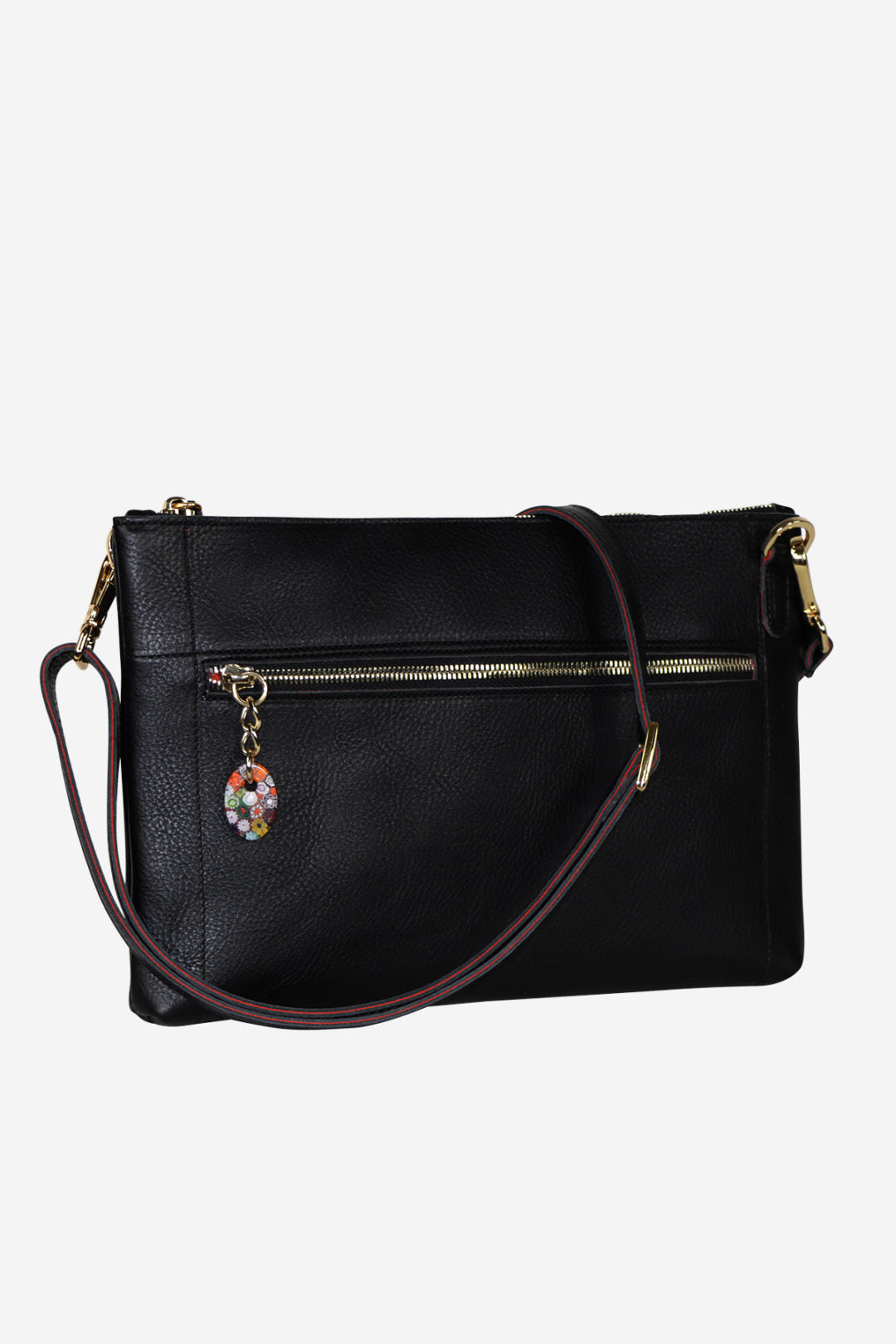 Black leather handbag with gold zipper and decorative charm on a white background