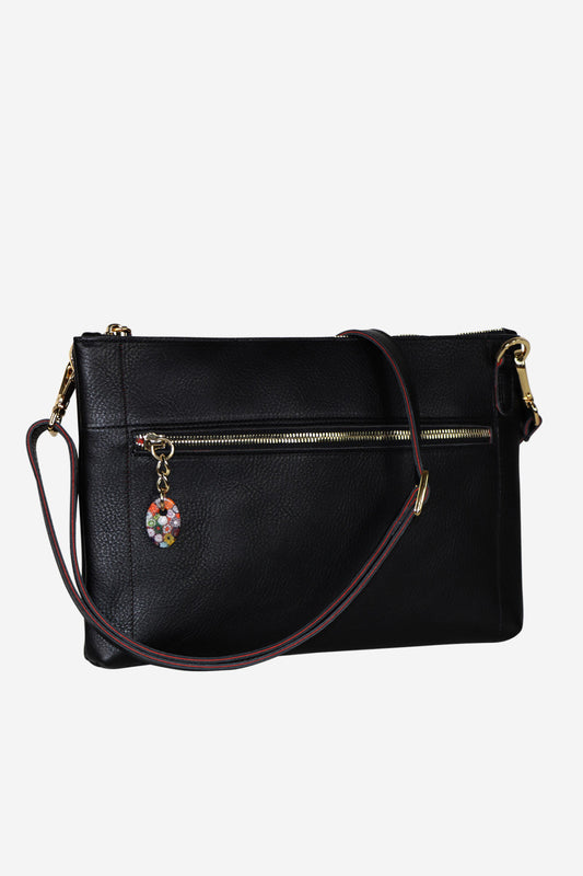 Black leather handbag with gold zipper and decorative charm on a white background