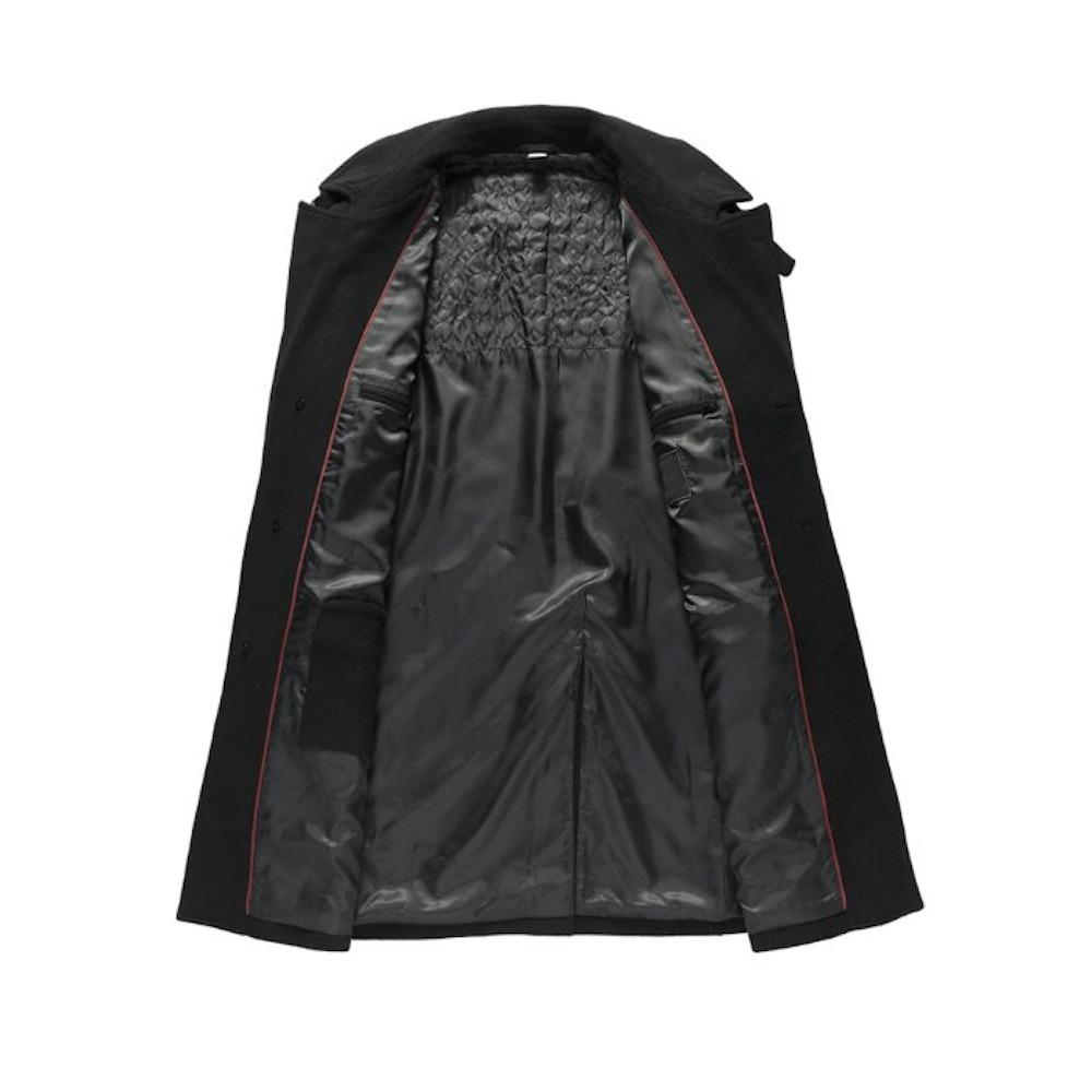 Black raincoat with red lining on a white background