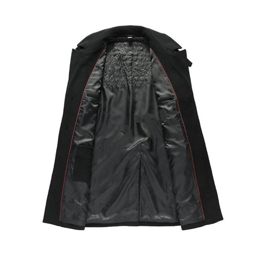 Black raincoat with red lining on a white background