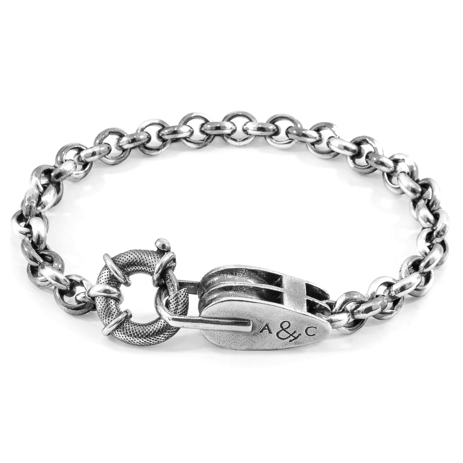 Silver chain bracelet with a clasp on a white background