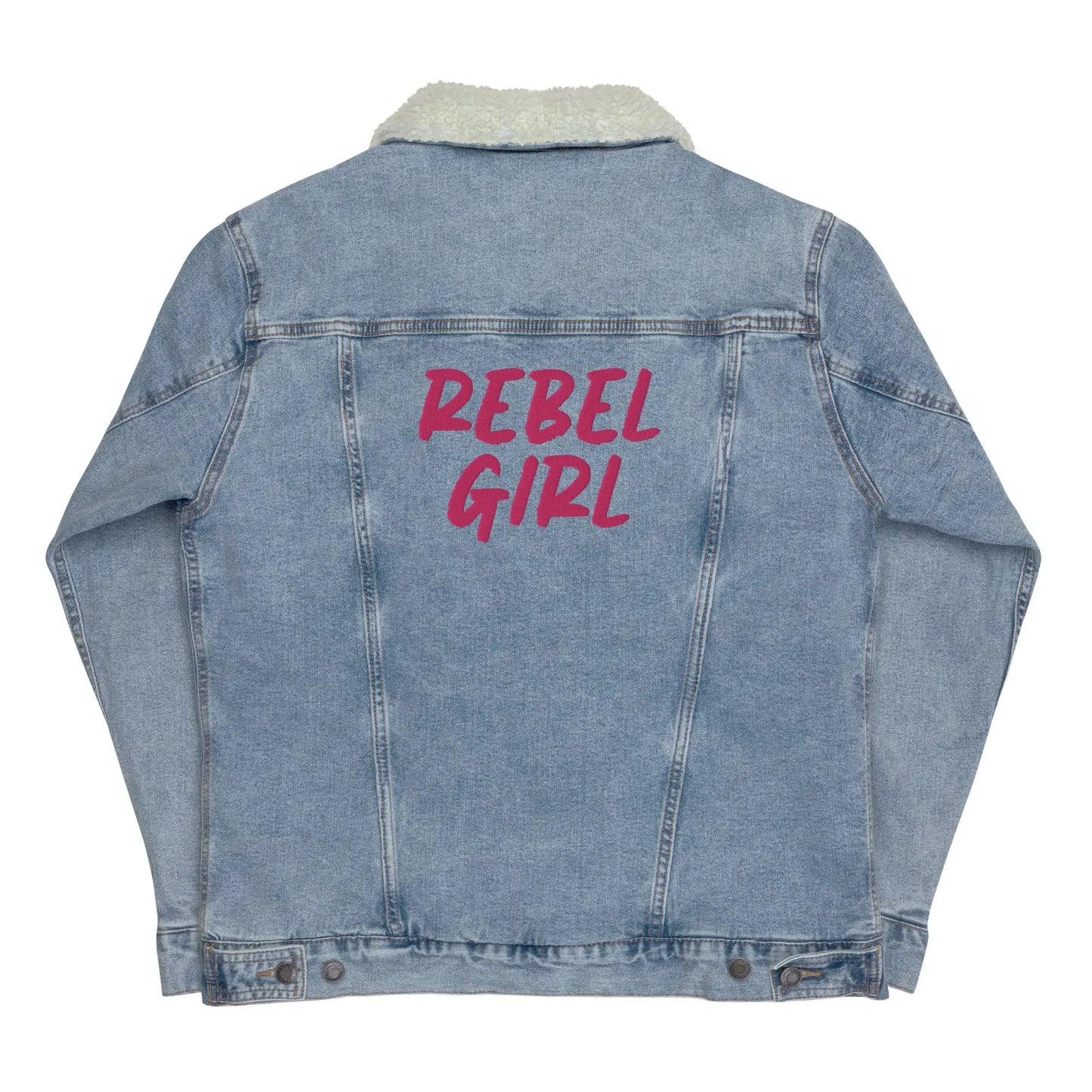 Denim jacket with 'REBEL GIRL' text on the back against a white background