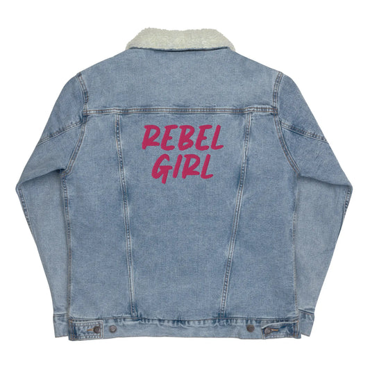 Denim jacket with 'REBEL GIRL' text on the back against a white background