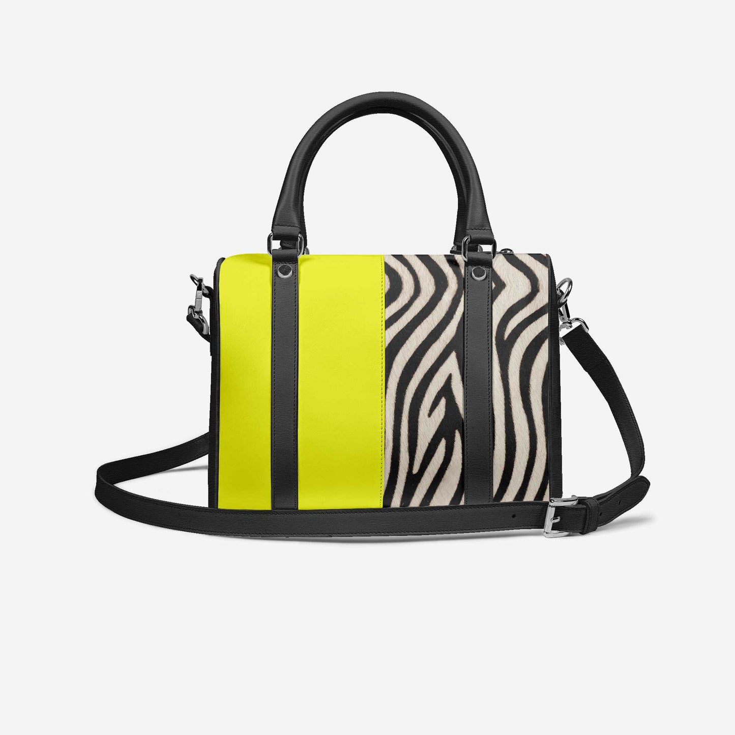 Handbag with zebra print and bright yellow stripe on a white background