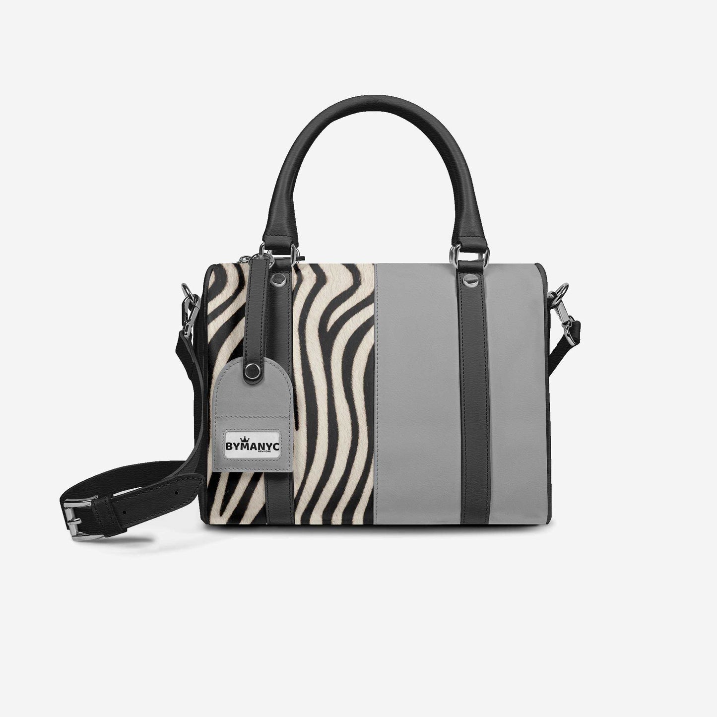 Handbag with zebra pattern and gray body on a white background