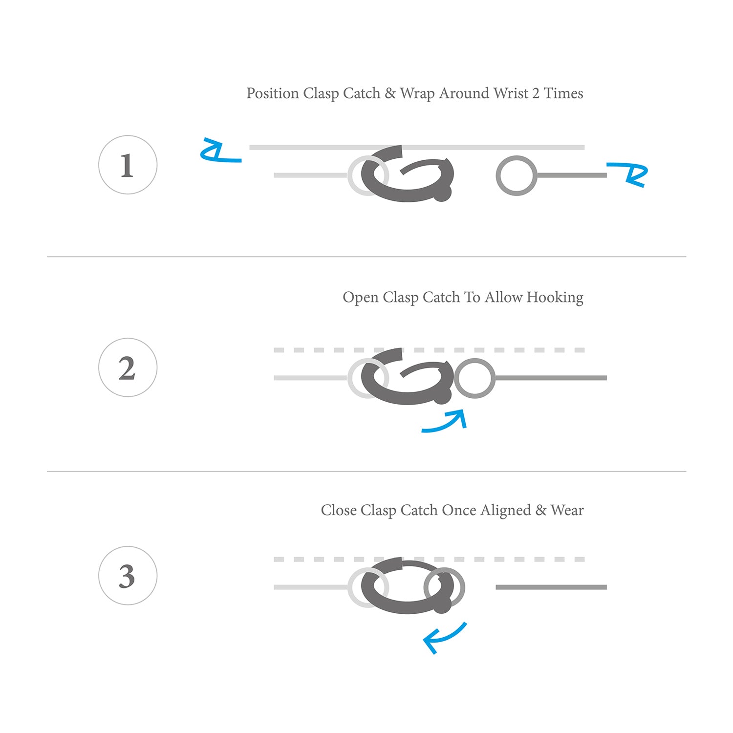 Step-by-step guide on how to use a clasp catch with arrows and text instructions.
