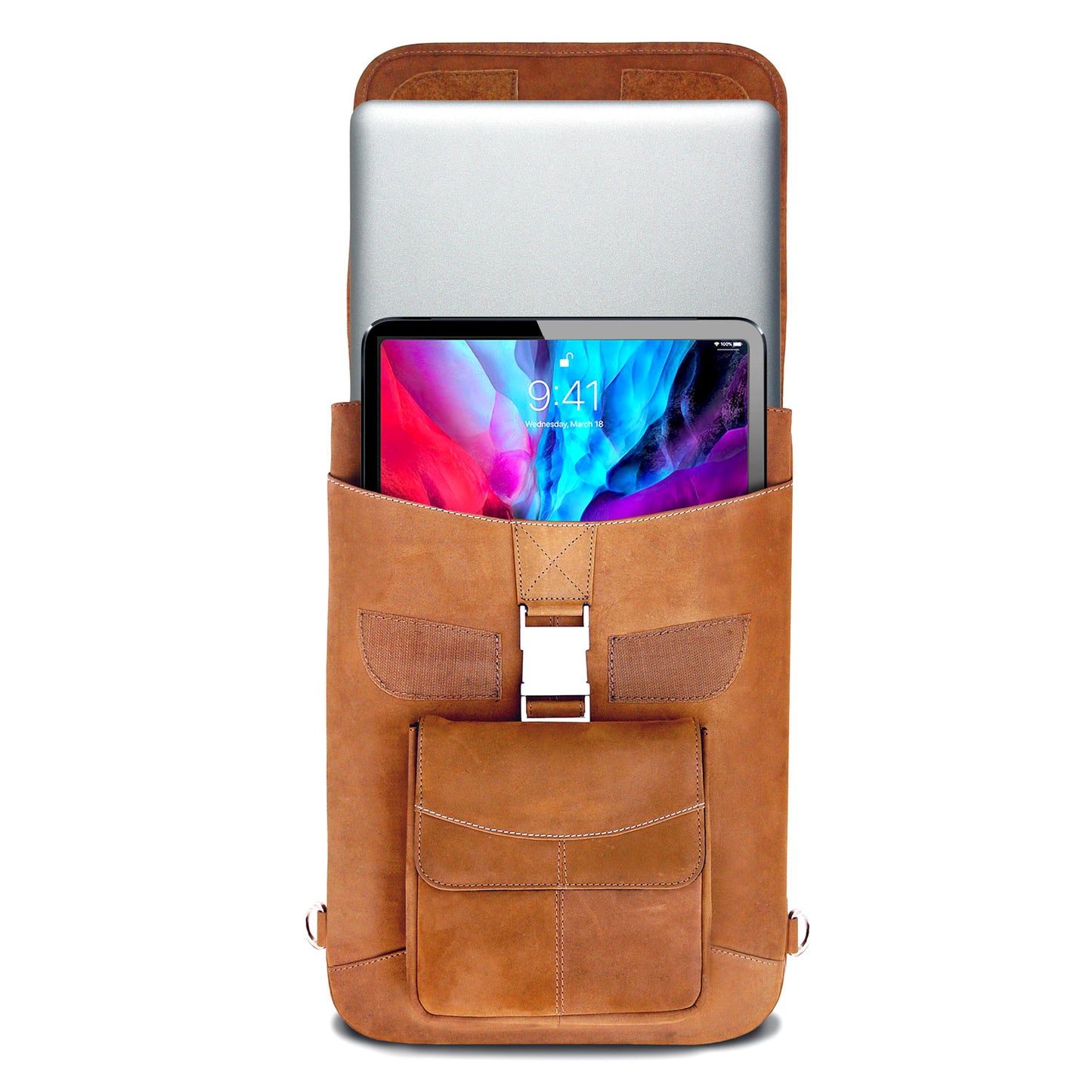 Brown leather backpack with a laptop compartment on a white background