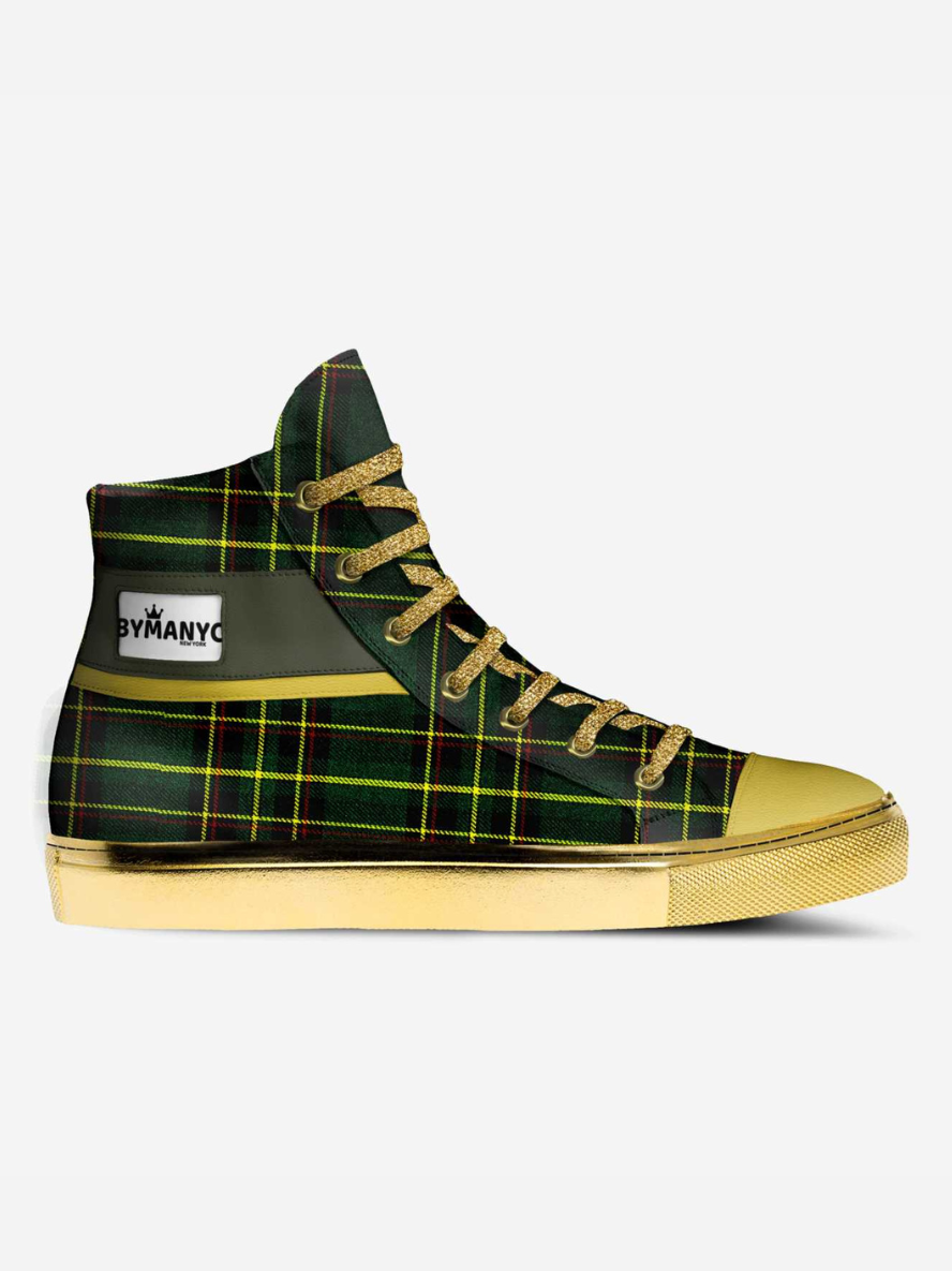 Green and yellow plaid high-top sneaker with visible brand logo on a white background