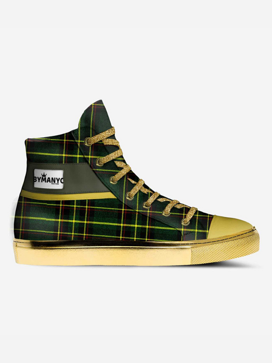 Green and yellow plaid high-top sneaker with visible brand logo on a white background