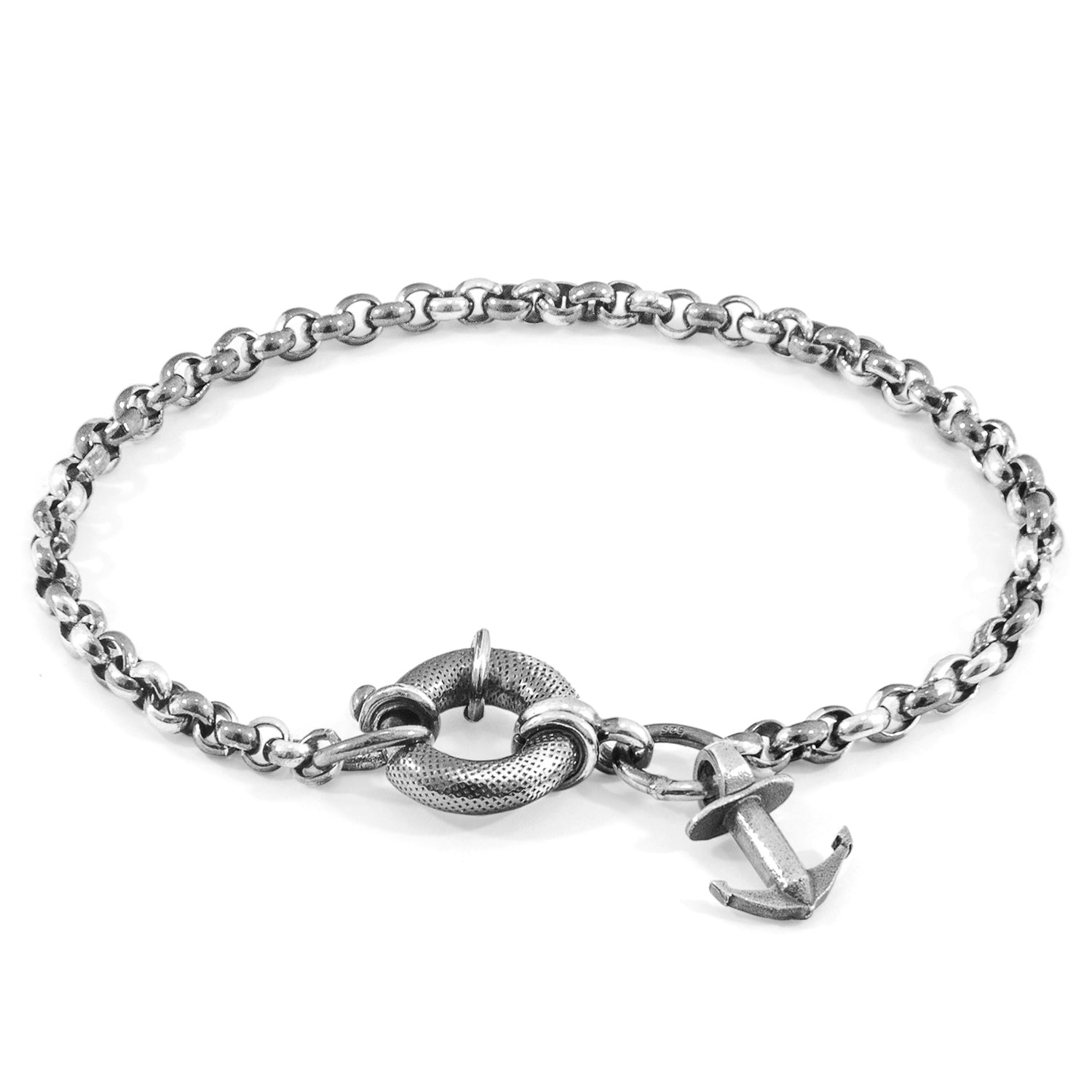 Silver chain bracelet with anchor charm on a white background