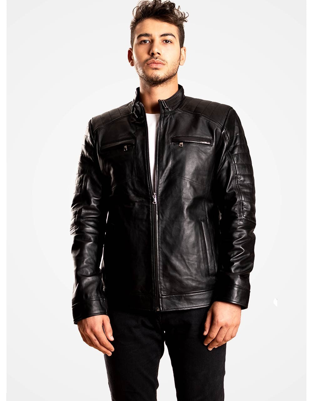 Man wearing a black leather jacket on a white background