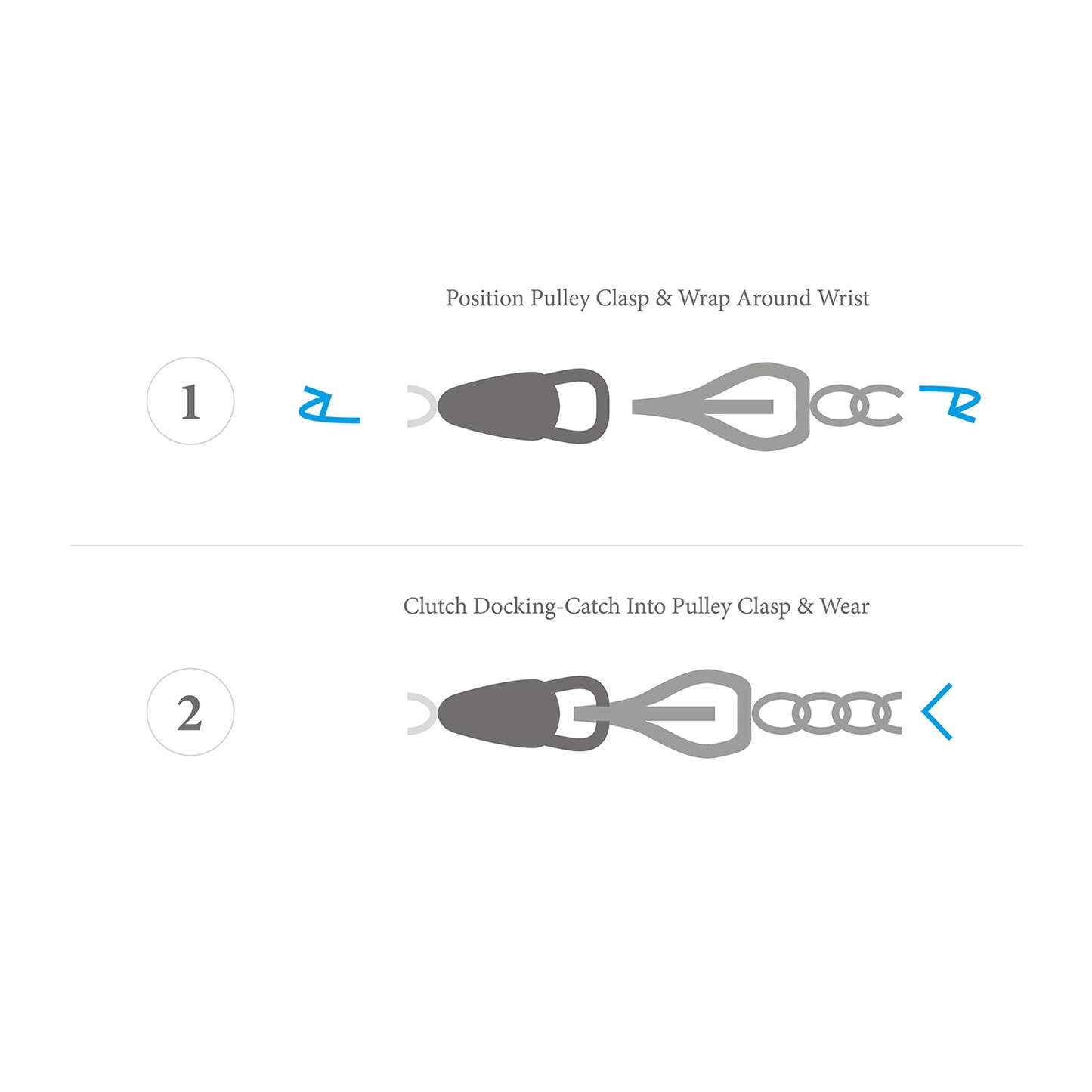 Step-by-step guide on how to use a clasp with pulley system on a white background
