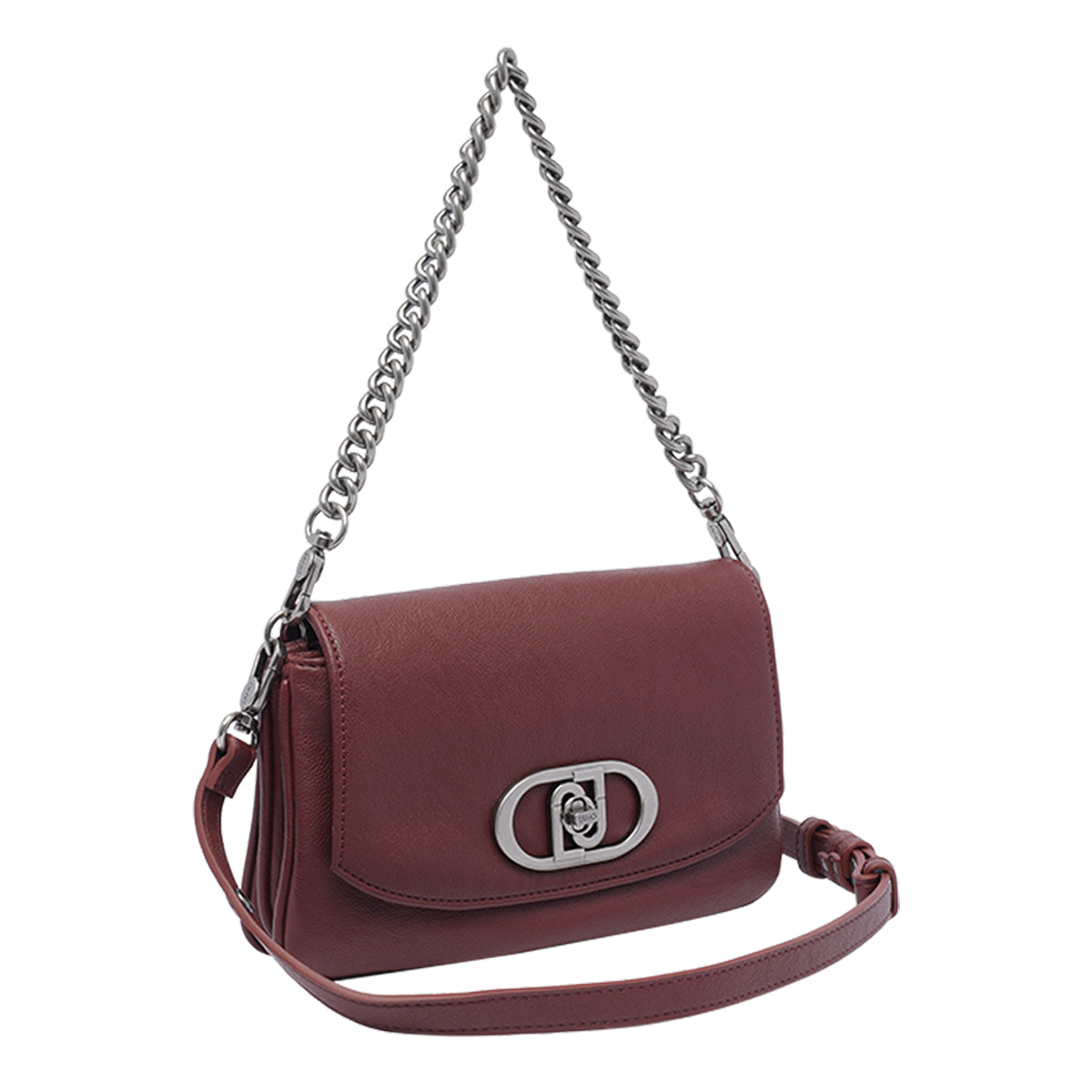 Brown handbag with a chain strap on a white background