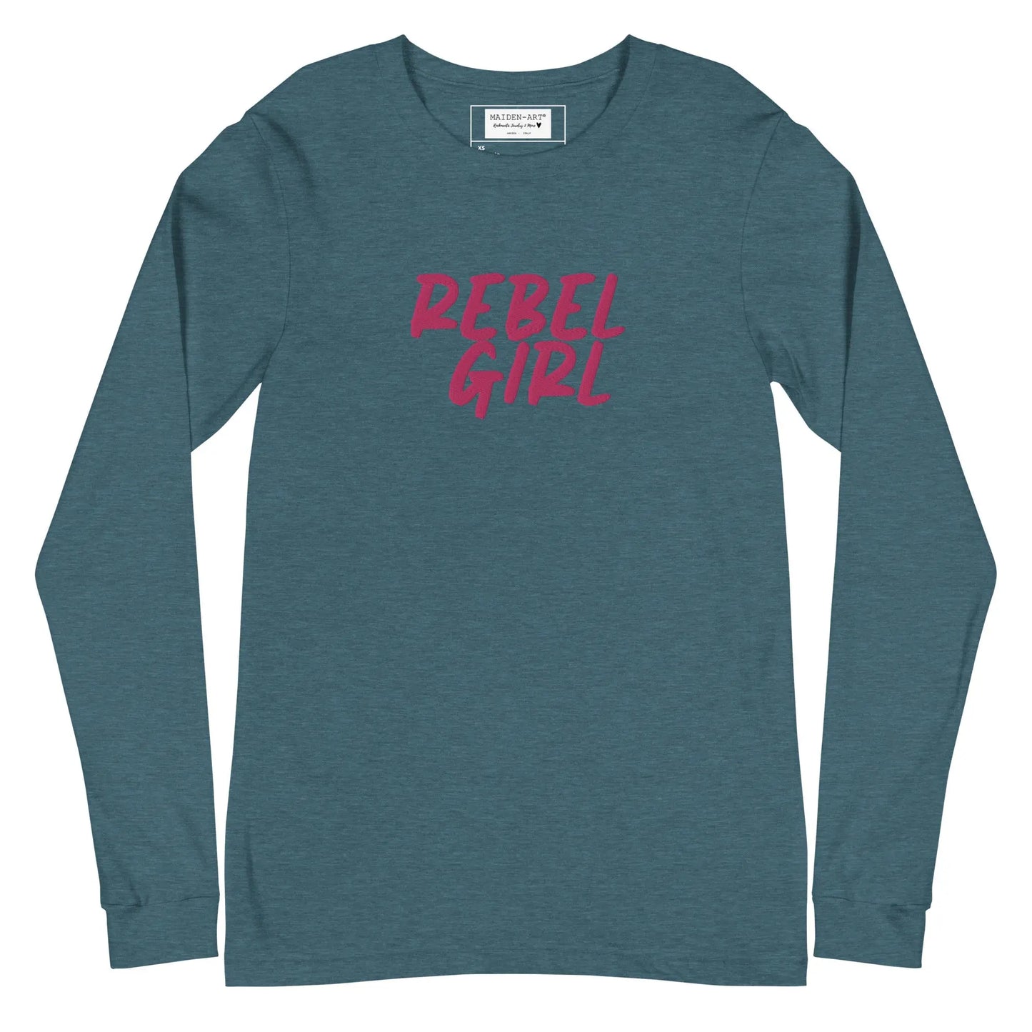 Teal long-sleeve shirt with 'REBEL GIRL' text in pink on a white background