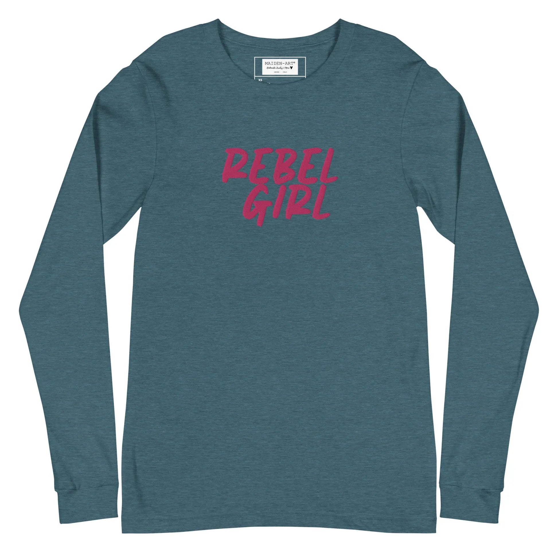 Teal long-sleeve shirt with 'REBEL GIRL' text in pink on a white background