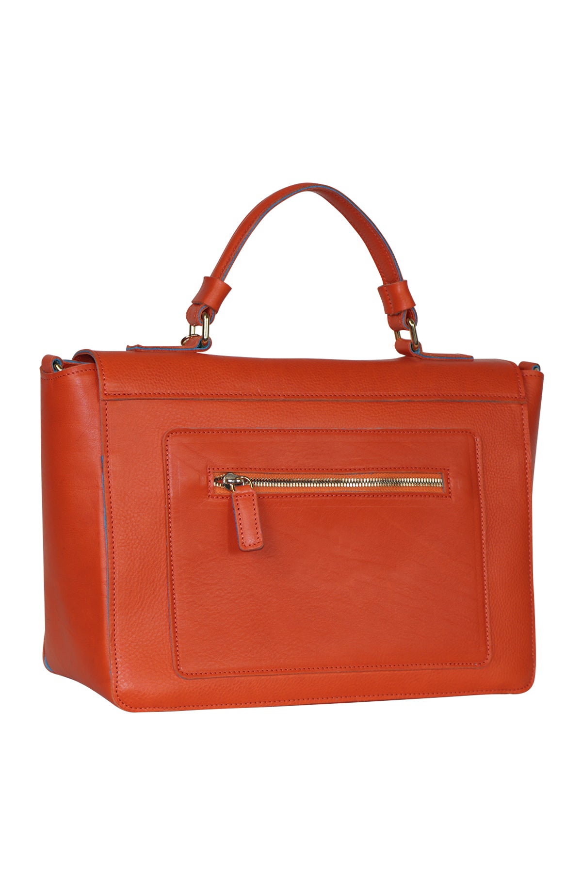 Orange handbag with a gold zipper on a white background