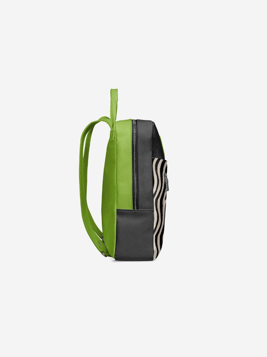Green and black backpack on a white background