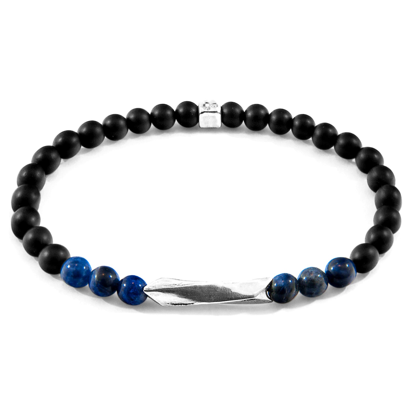 Black beaded bracelet with blue accents on a white background