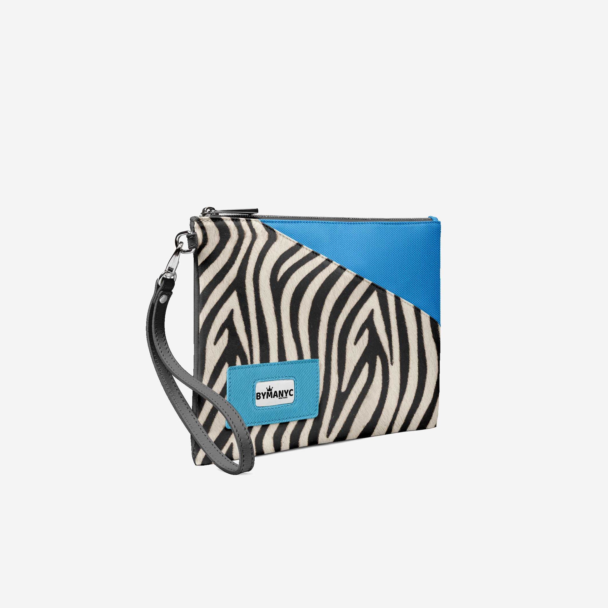 Zebra print clutch with blue accent and visible brand logo on a white background