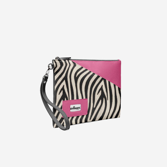 Zebra print and pink clutch bag with a visible brand logo on a white background
