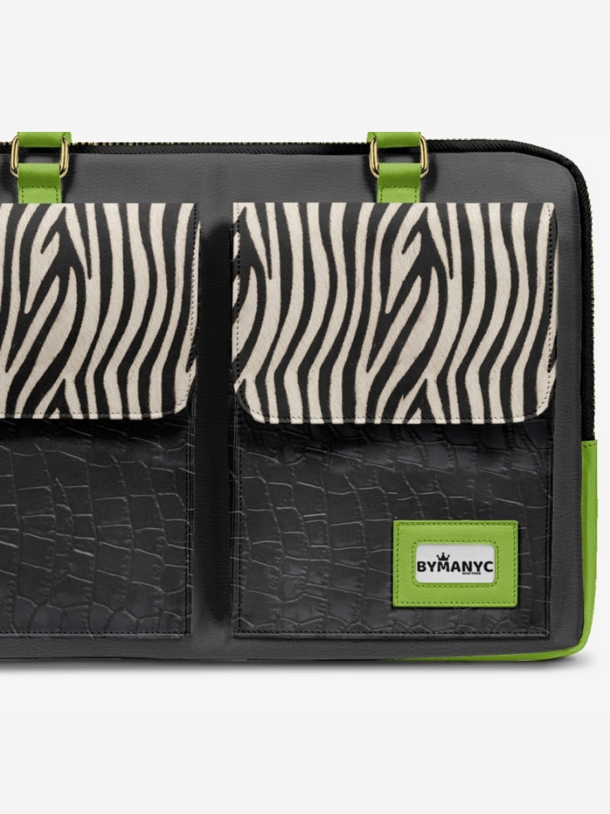 Black and green bag with zebra pattern on a white background