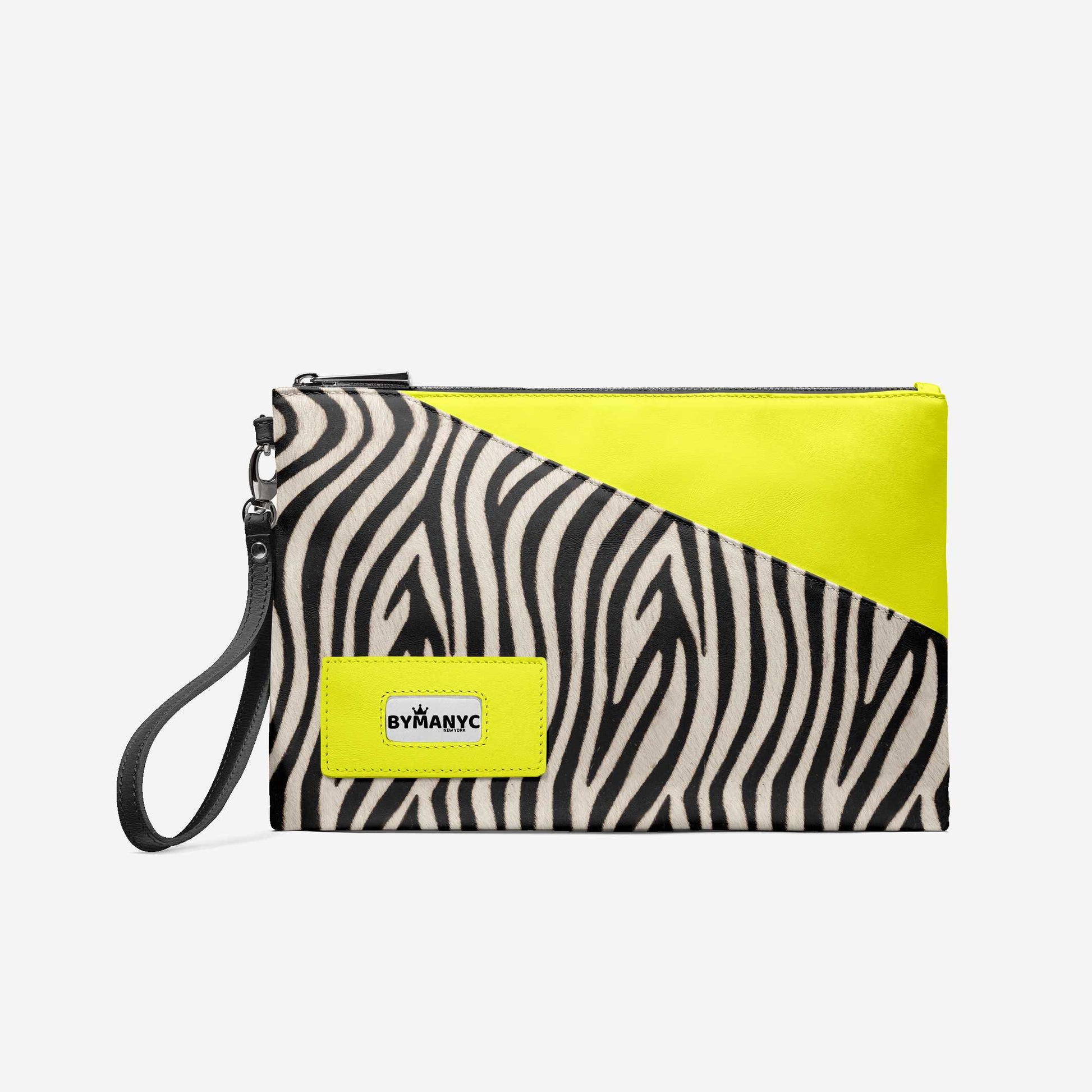 Zebra print pouch with yellow accents and a visible brand logo on a white background