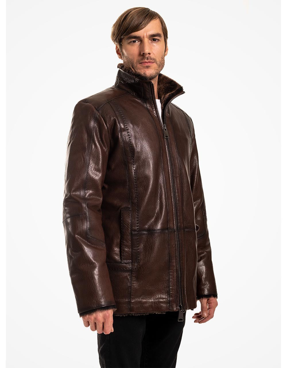 Man wearing a brown leather jacket on a white background