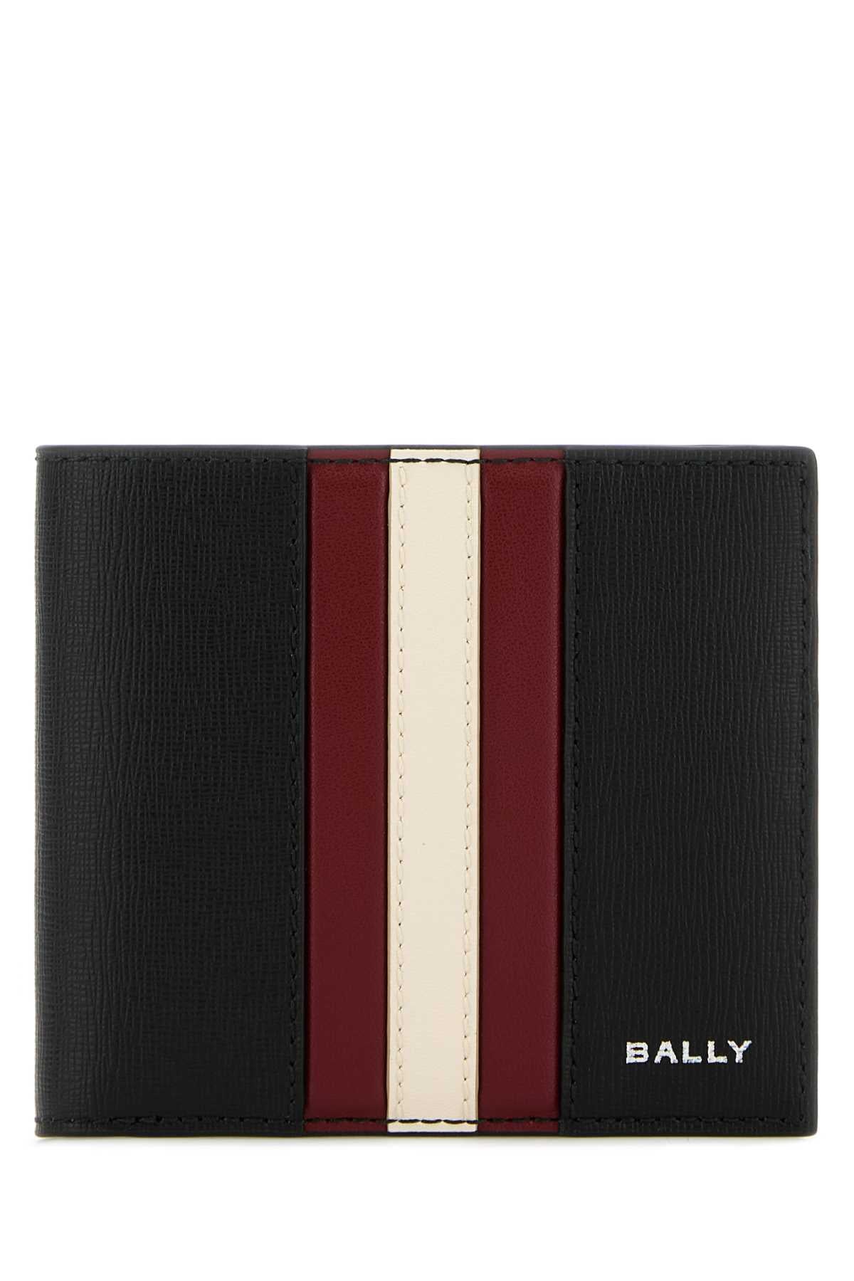 Black wallet with red and beige stripes featuring Bally branding on a white background