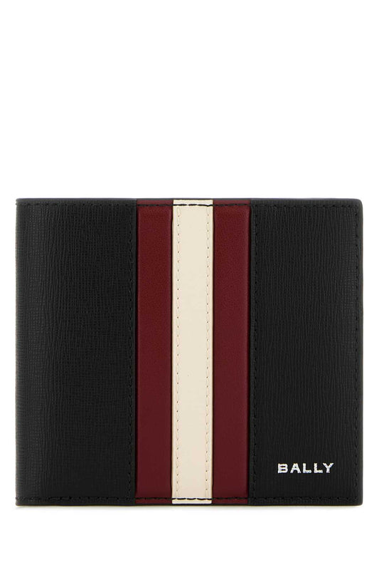 Black wallet with red and beige stripes featuring Bally branding on a white background