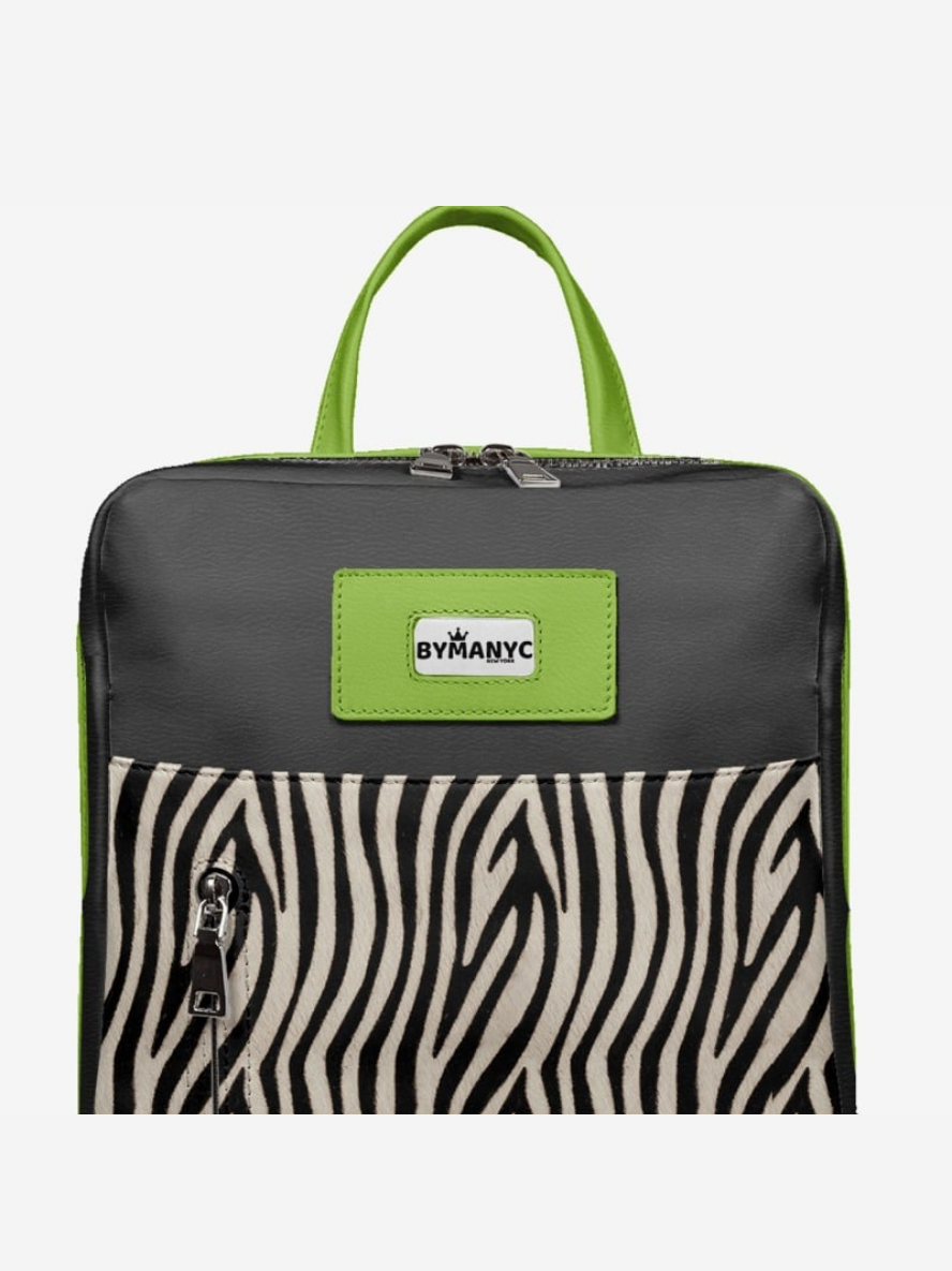 Backpack with zebra pattern and green accents on a white background