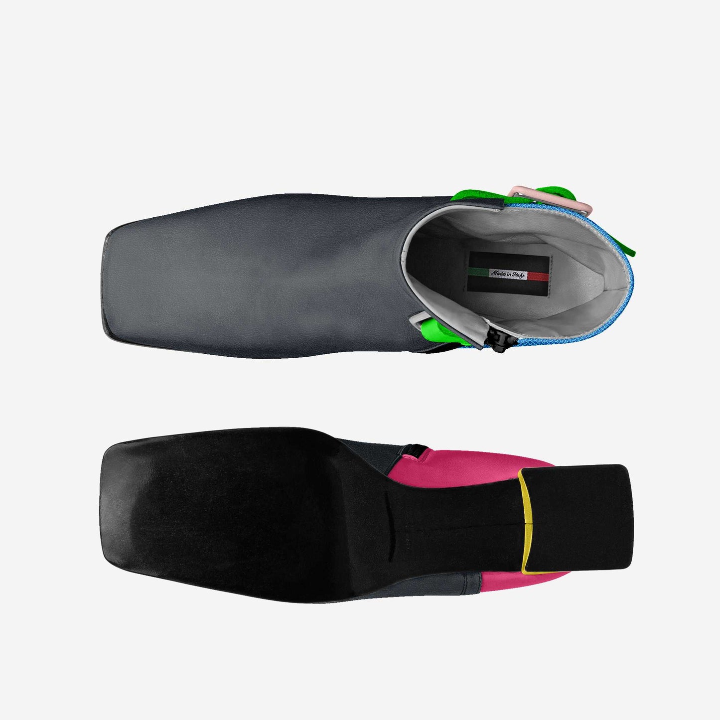 Two pairs of gloves, one gray and green, the other black and pink, on a white background.