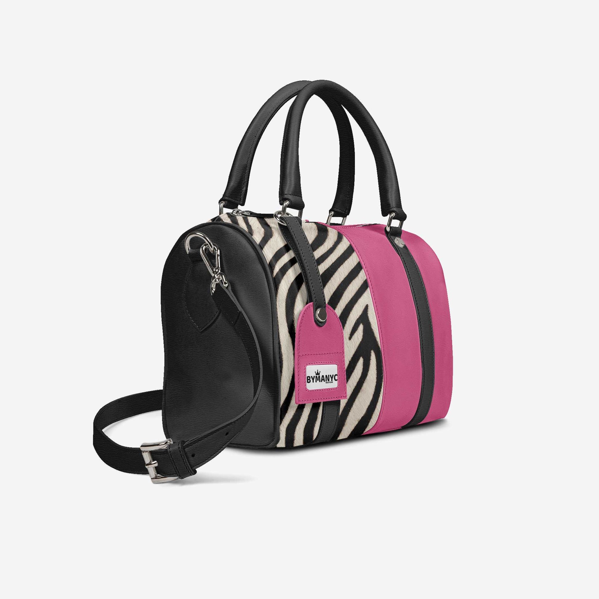 Handbag with zebra print and pink accents on a white background