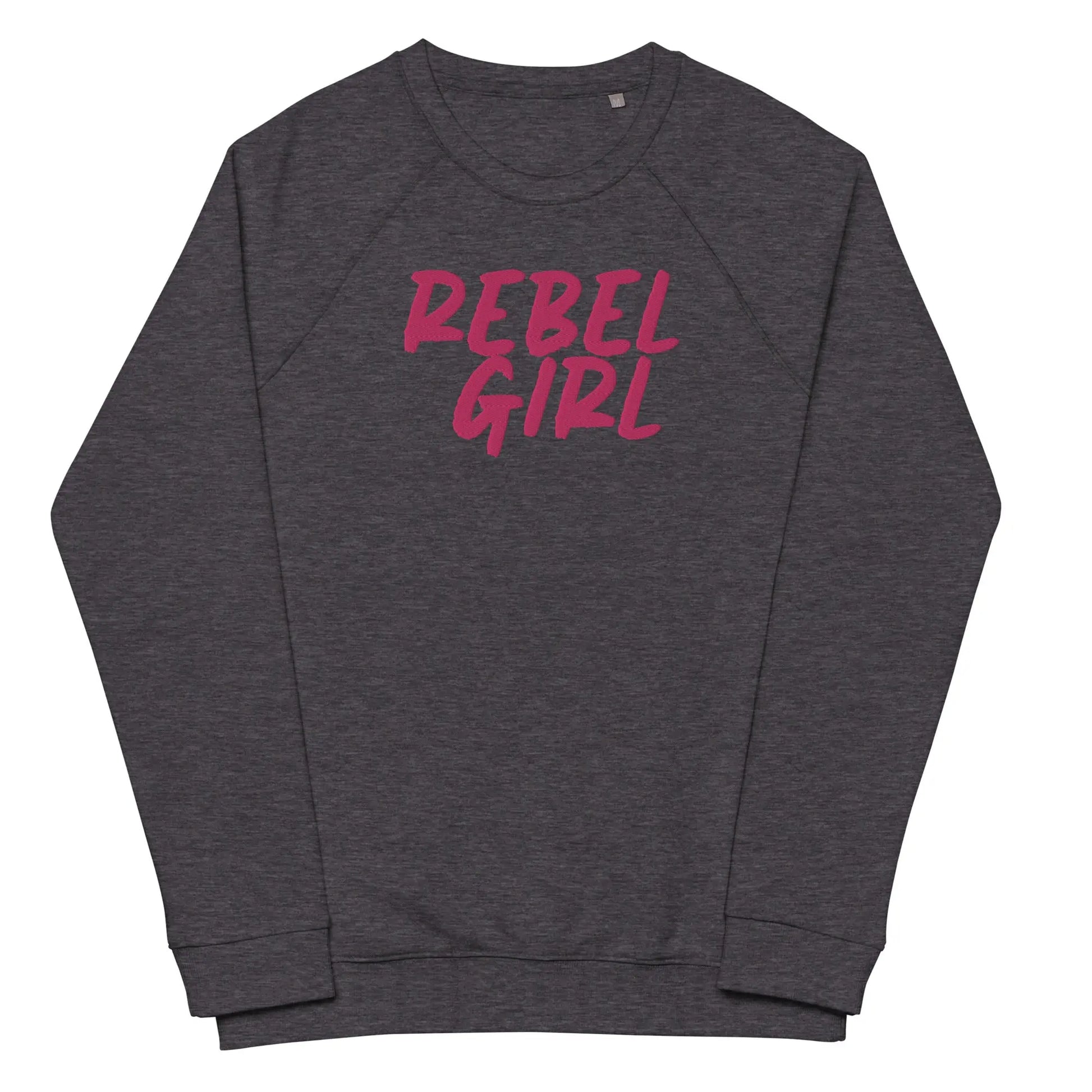 Gray sweatshirt with 'REBEL GIRL' in pink text on a white background