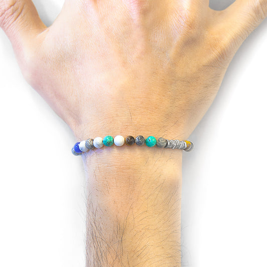 Hand wearing a beaded bracelet on a white background