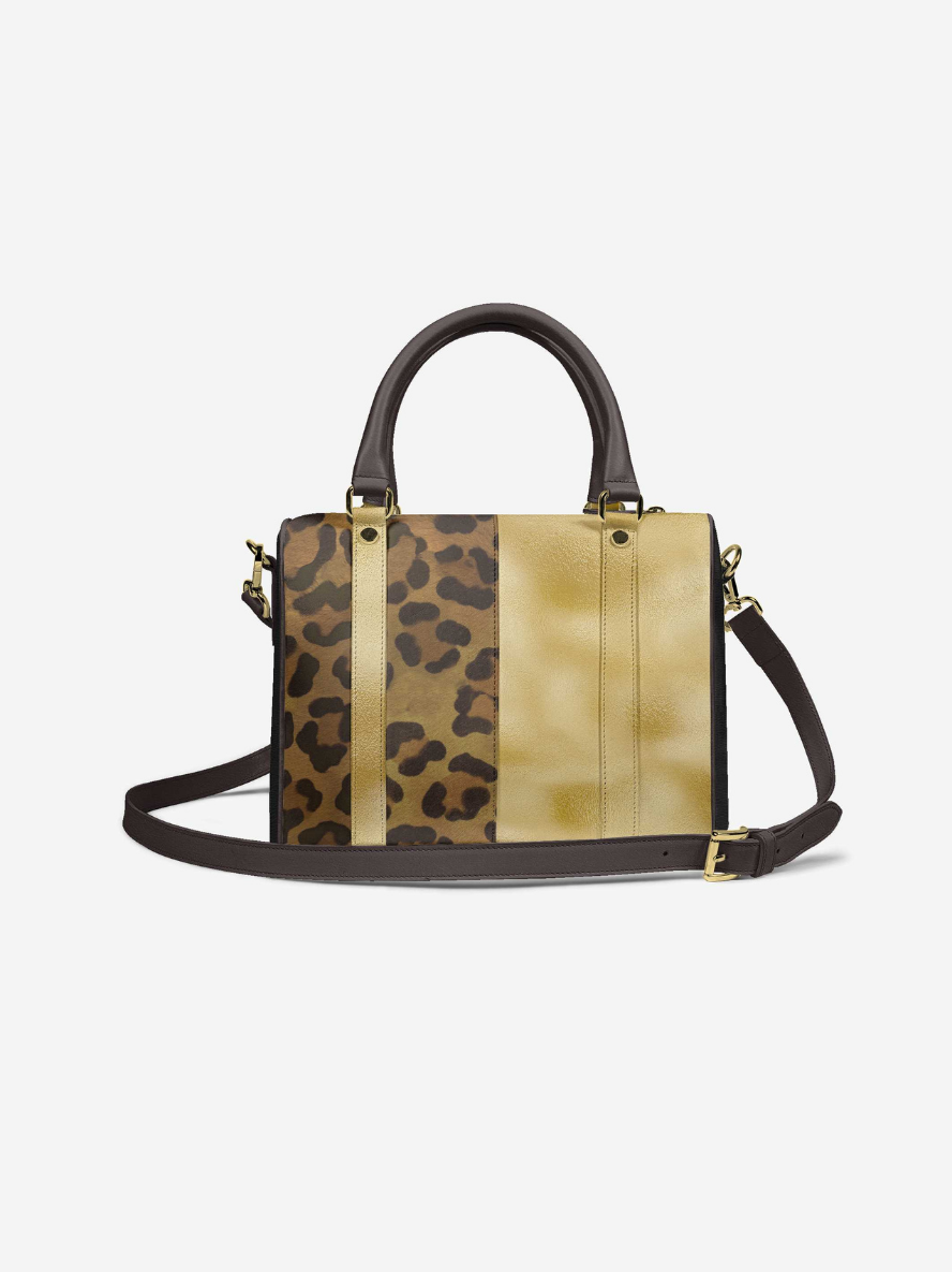 Handbag with leopard print and gold accents on a white background