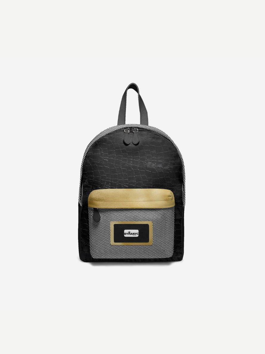 Black backpack with a gold pocket on a white background