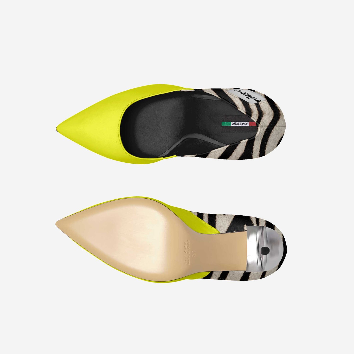 Two pairs of shoes with zebra print and neon yellow accents on a white background