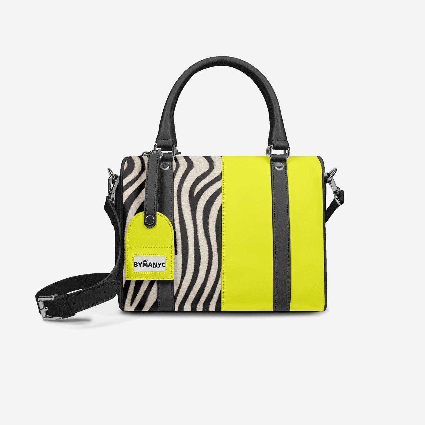 Handbag with zebra pattern and yellow stripes on a white background