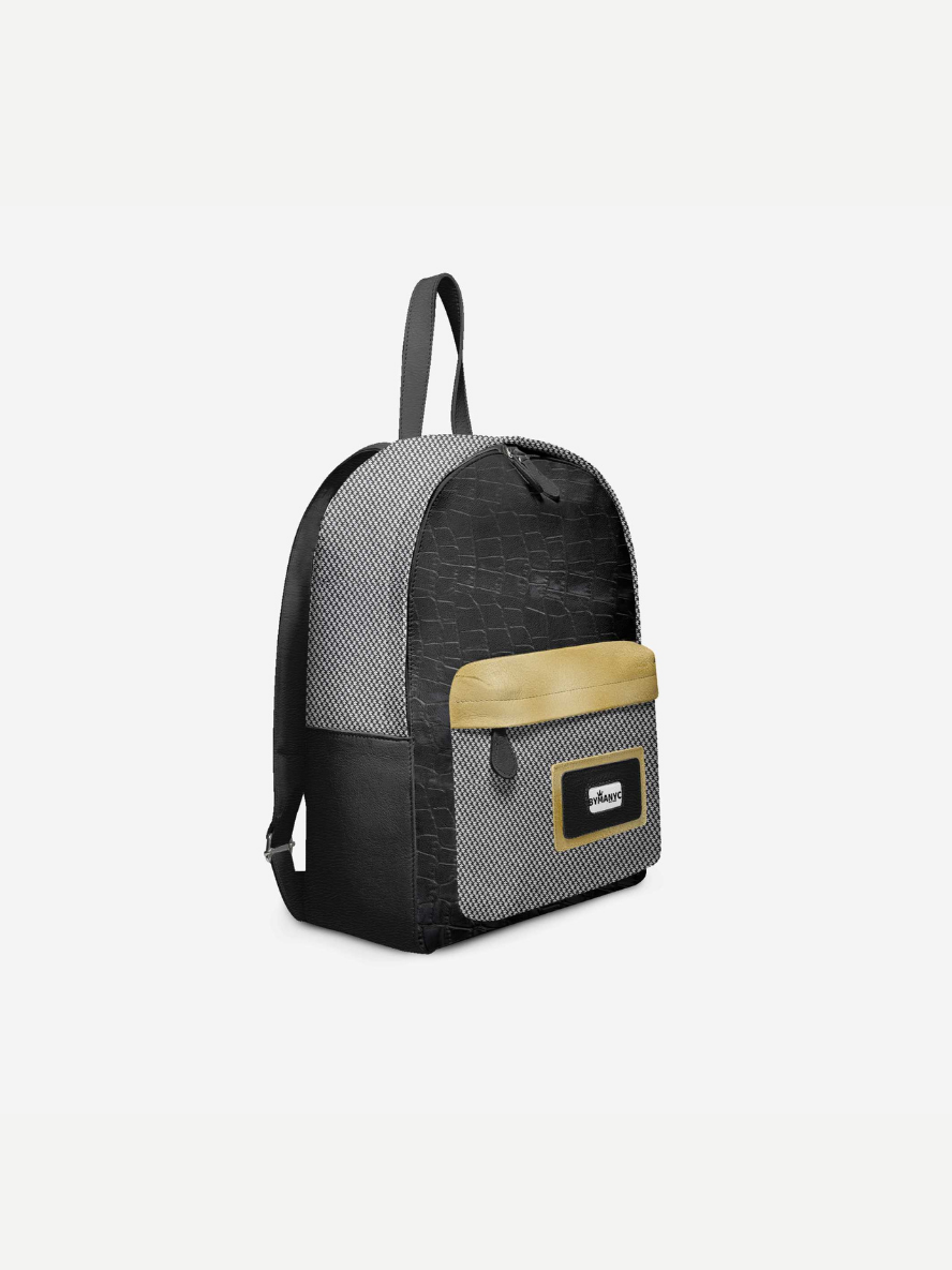 Black and gray backpack with a wooden patch on a white background