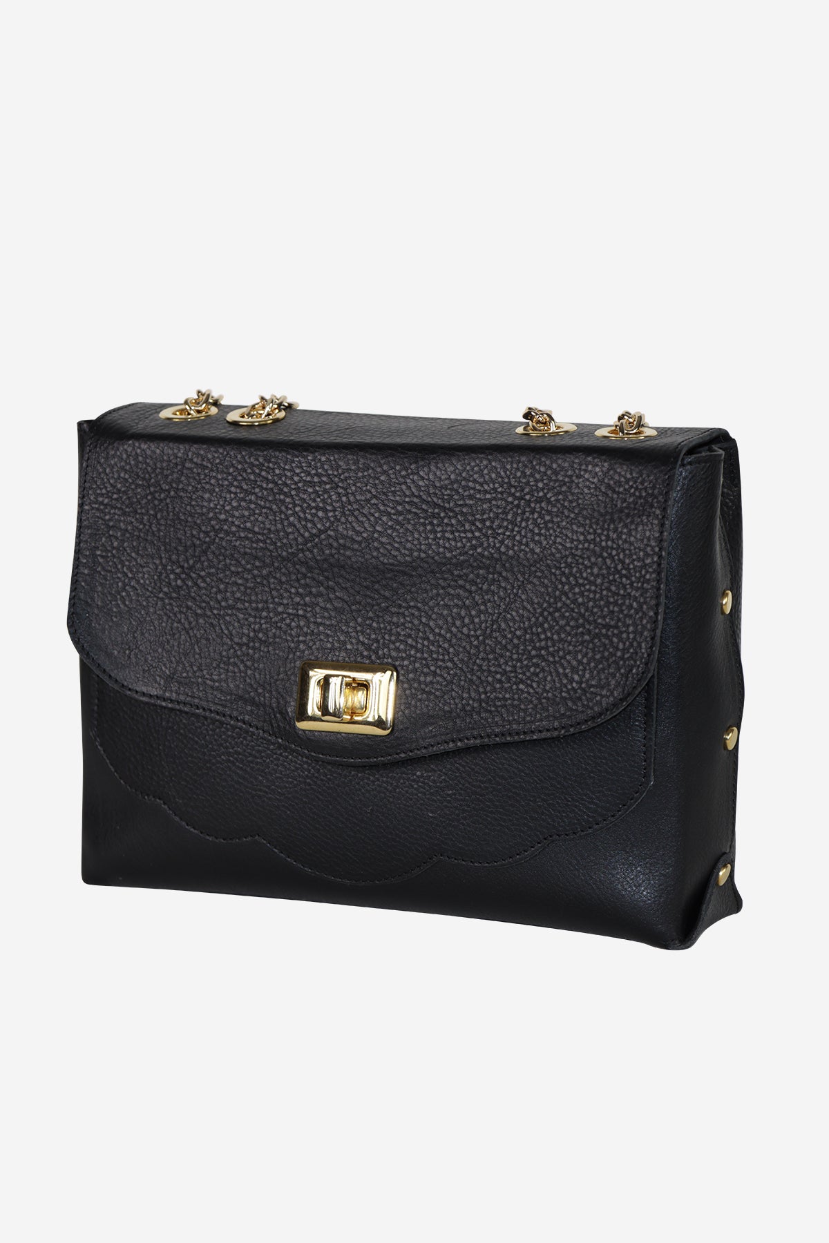 Black handbag with gold accents on a white background