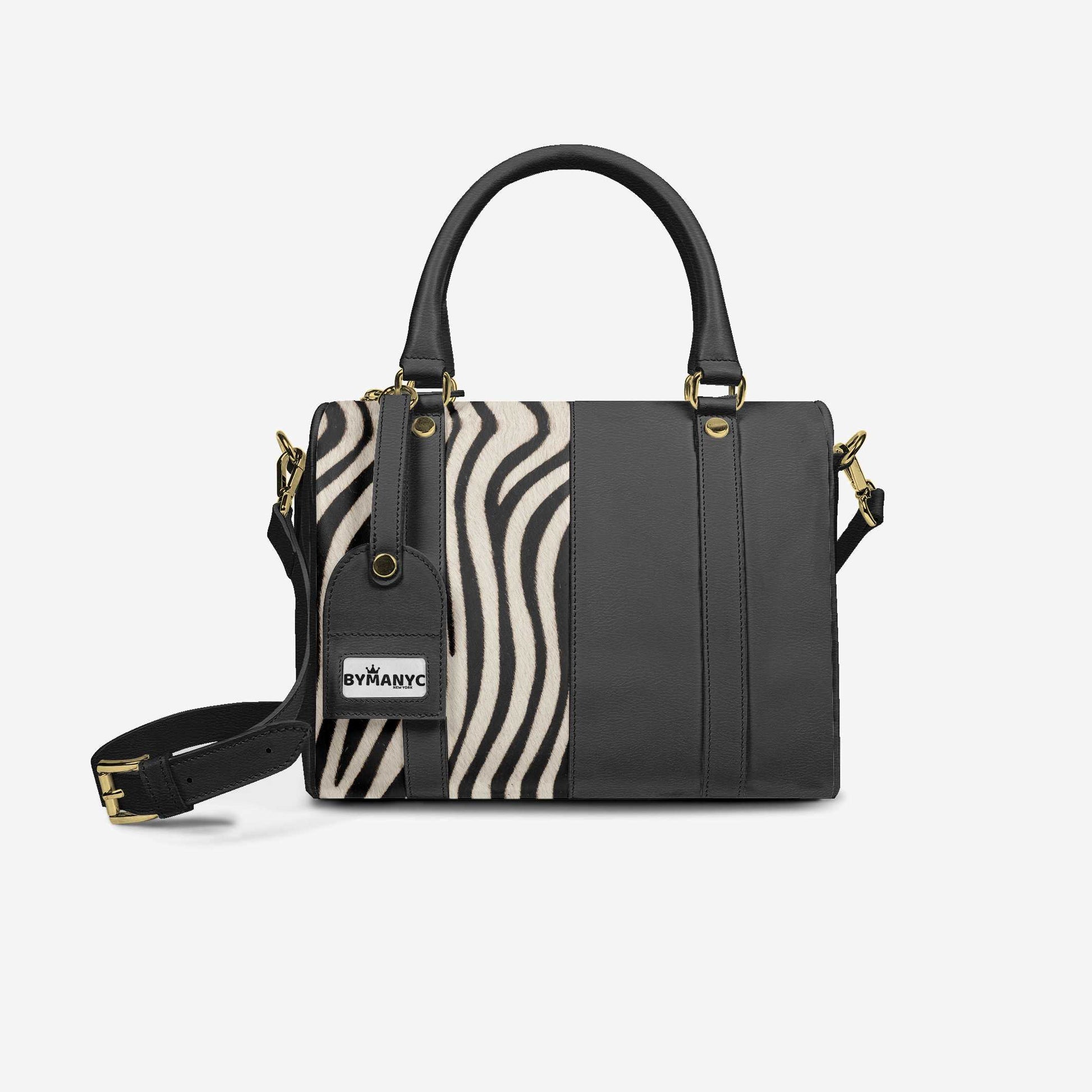 Black handbag with zebra pattern on a white background